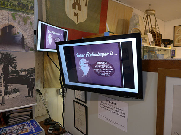 Lostwithiel Museum touch screen display showing a Glyn 35mm advert reel